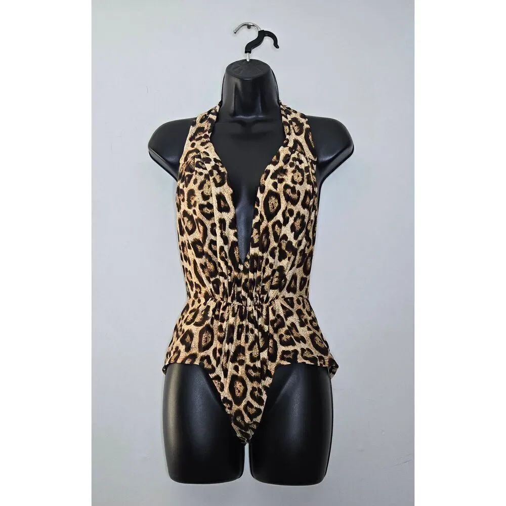 Unique Vintage Derek Swimsuit Size Small Leopard Print Deep V Pinup